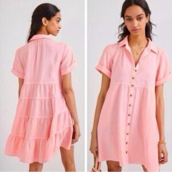 Pilcro Dresses & Skirts - Anthropologie Pilcro Suzanne Peach Coral Pink Button-Up Shirt Dress Size Small